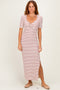 Cream/ Burgundy Striped Knit Short Sleeve Maxi Dress