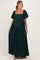 woman wearing a dark green maternity maxi dress with puff sleeves and a square neckline, showing baby bump