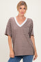 Taupe Striped Short Sleeve V-Neck Top