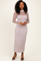 Beige Ribbed Knit Mock Neck Long Sleeve Maxi Dress