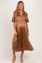 Mocha V-Neck Satin Pleated Maternity Midi Dress