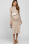 Beige Mock Neck Flared Maternity Midi Dress