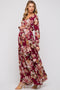 Burgundy Floral Chiffon Wrap Front V-Neck Long Sleeve Maternity Maxi Dress