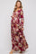 Burgundy Floral Chiffon Wrap Front V-Neck Long Sleeve Maternity Maxi Dress
