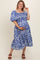Royal Printed Smocked Puff Sleeve Plus Maternity Midi Dress