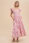 Pink Floral Smocked Ruffle Sleeve Maxi Dress