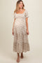 Cream Floral Smocked Square Neck Tiered Puff Short Sleeve Maternity Maxi Dress