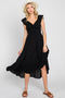 Black Smocked Ruched Ruffle Hem Maxi Dress