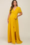 Yellow Chiffon Short Sleeve Wrap V-Neck Front Slit Maternity Maxi Dress