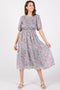 Grey Floral Smocked Ruffle Hem Midi Dress