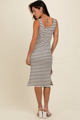 Navy Blue Striped Side Slit Midi Dress