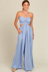 Light Blue Smocked Drawstring Halter Side Cutout Maternity Jumpsuit