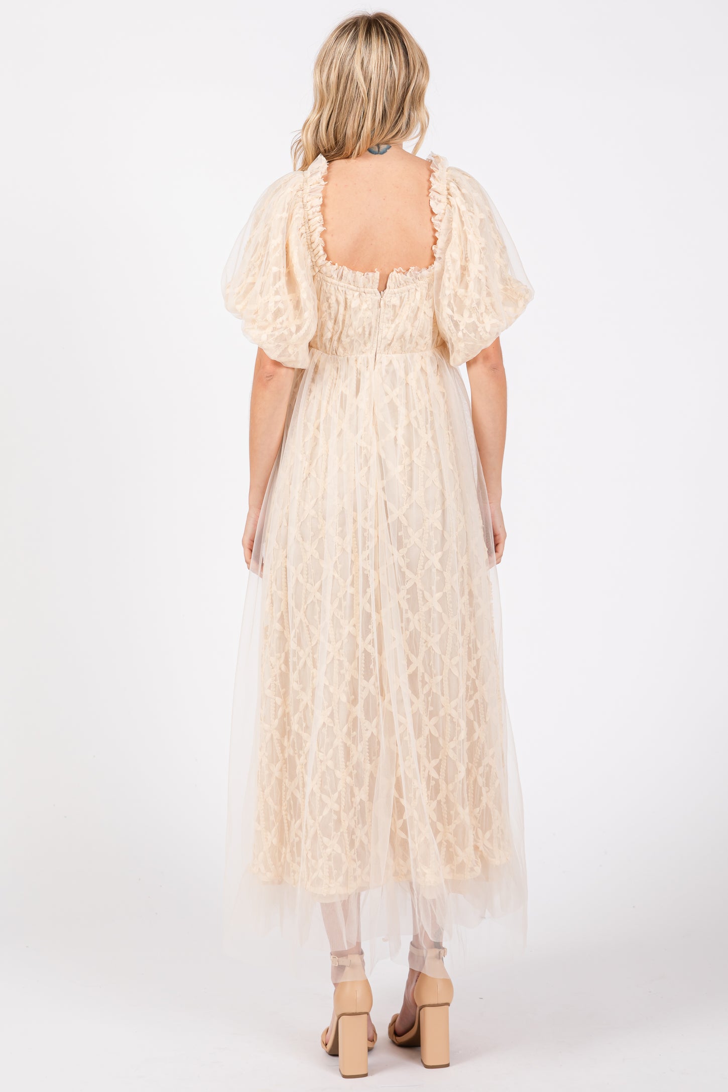 Cream Balloon Sleeve Embroidery Mesh Midi Dress