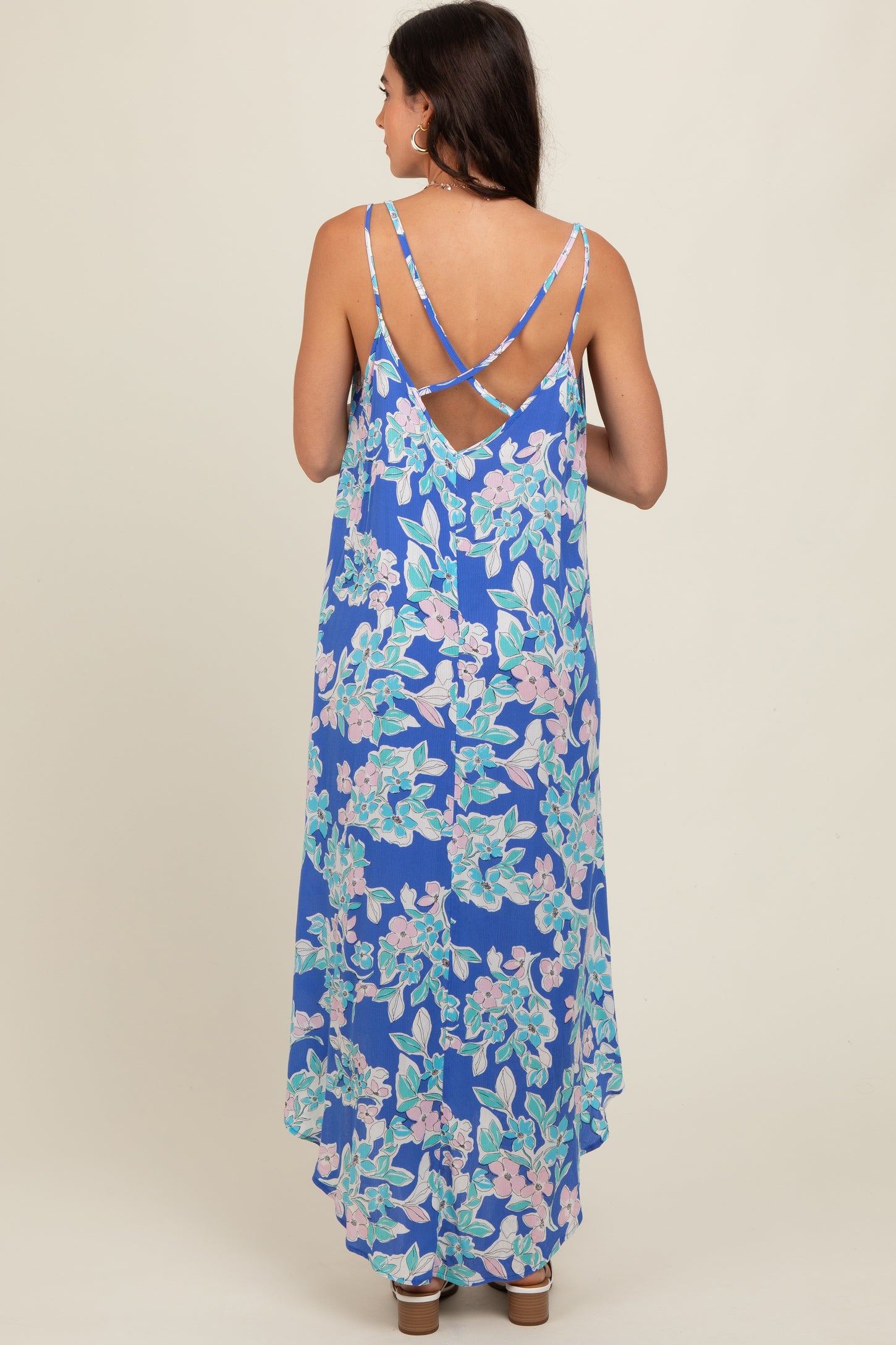 Blue Floral V-Neck Cross Back Midi Dress