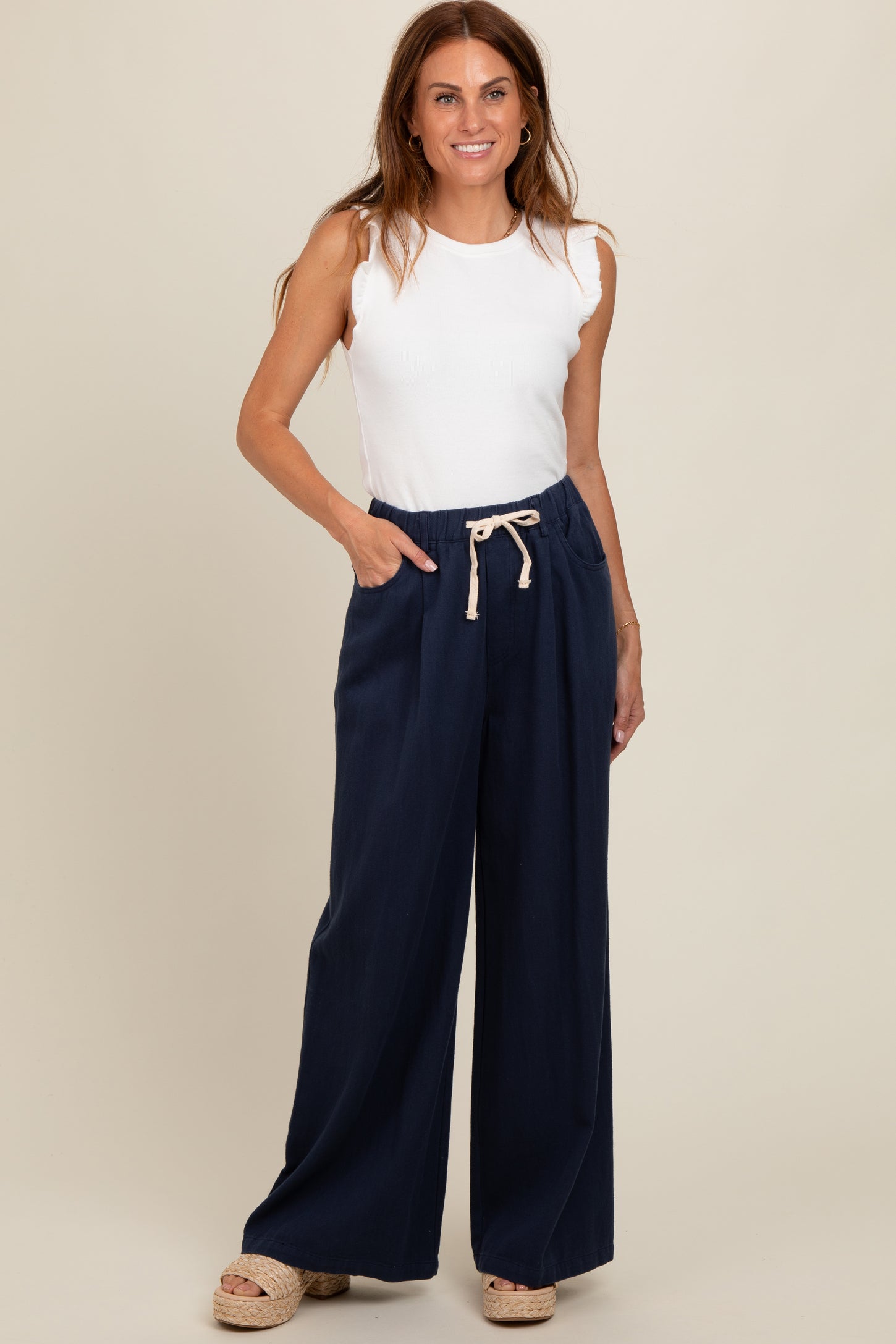 Navy Blue Drawstring Wide Leg Pants