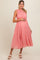 Coral Chiffon Ruched Lettuce Edge Ruffle Maternity Midi Dress