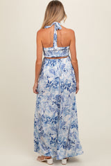 Blue Sweetheart Neck Halter Cut Out Back Maternity Maxi Dress