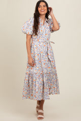 Ivory Floral Puff Sleeve Button Down Midi Dress