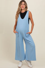 Light Blue V-Neck Wide Leg Maternity Jumpsuit
