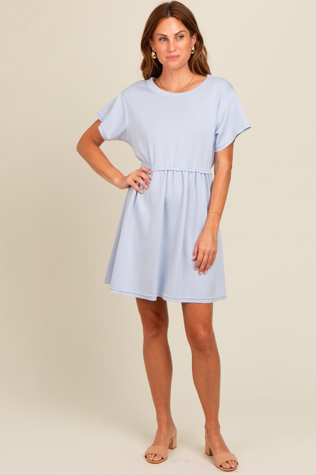 Light Blue Cut Edge Short Sleeve Maternity Dress