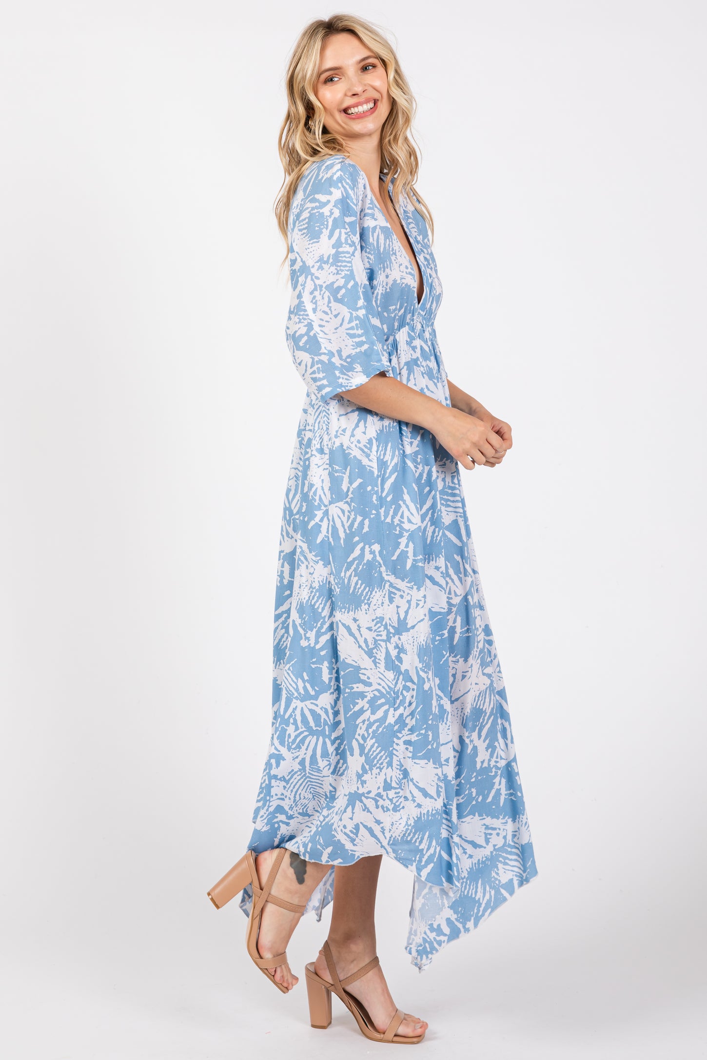 Blue Printed V-Neck Draped Maxi Dress