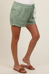 Light Olive Drawstring Waist Tie Maternity Shorts