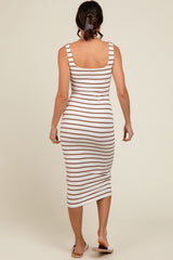 Cream Striped Fitted Square Neck Midi Dress