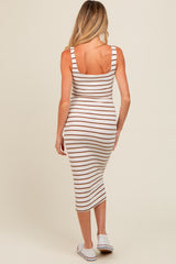 Cream Striped Fitted Square Neck Maternity Midi Dress