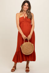 Rust Halter Maternity Midi Dress