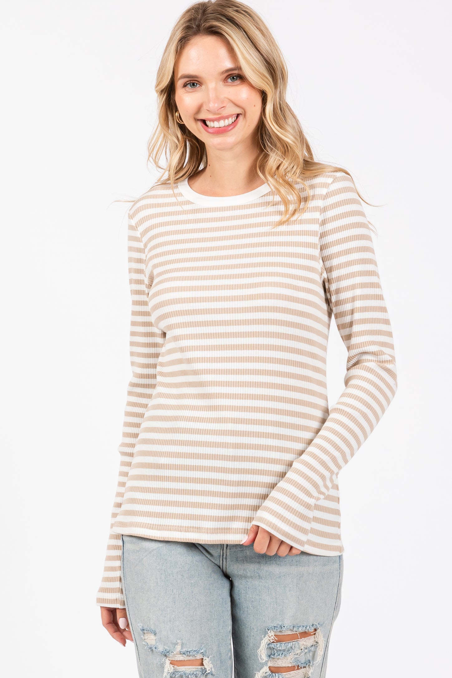 Beige Striped Long Sleeve Ribbed Maternity Top