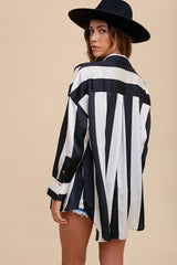Black Ivory Wide Striped Satin Relaxed Fit Woven Blouse