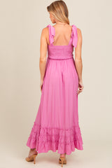 Pink Sweetheart Neck Smocked Shoulder Tie Maternity Maxi Dress