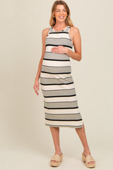 Ivory Striped Sleeveless Maternity Midi Dress