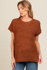 Brown Dolman Short Sleeve Side Slit Maternity Sweater Top