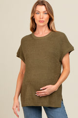 Light Olive Dolman Short Sleeve Side Slit Maternity Sweater Top