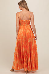 Orange Floral Pleated Satin Maternity Maxi Dress