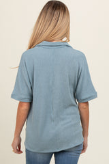 Blue Ribbed Collared Maternity Top