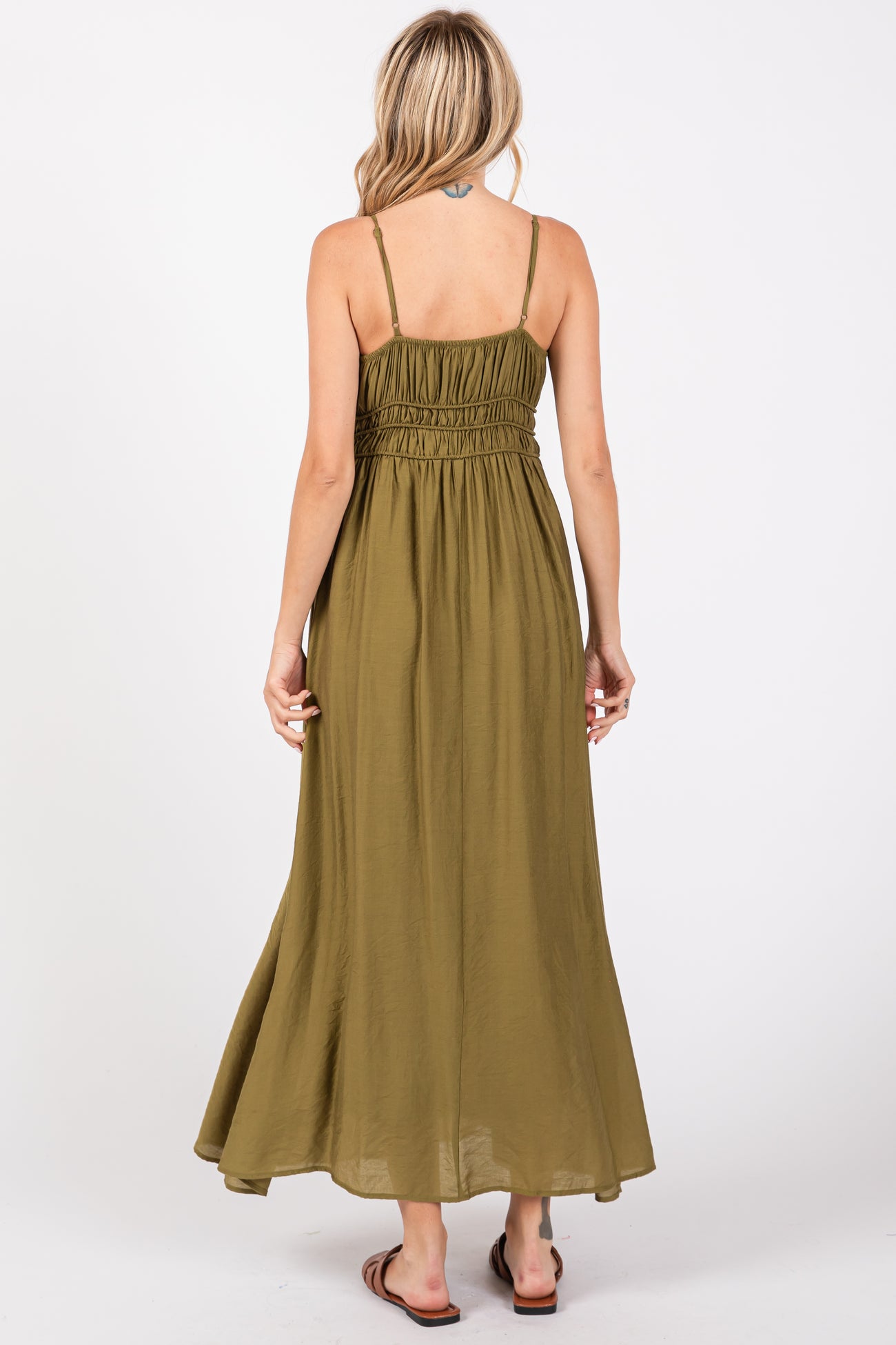 Olive Sleeveless Square Neckline Maxi Dress