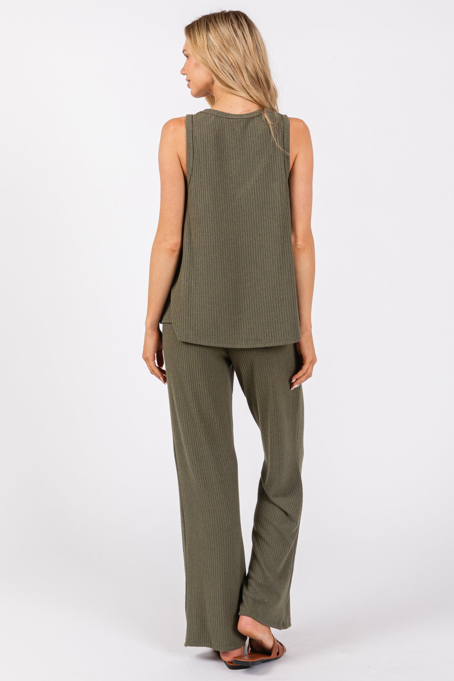 Olive Rib Knit Tank and Pant Set