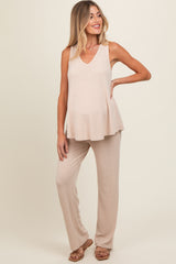 Beige Rib Knit Tank and Pant Maternity Set