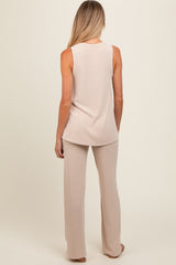Beige Rib Knit Tank and Pant Maternity Set
