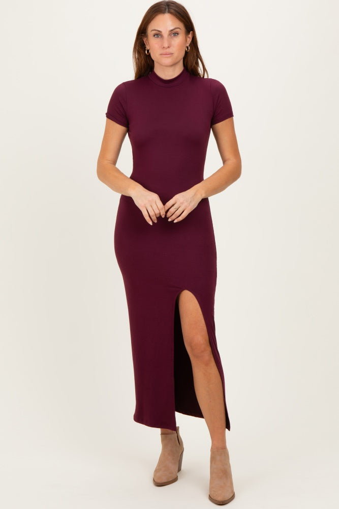 Burgundy Mock Neck Front Slit Short Sleeve Maxi Dress