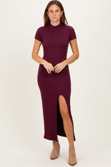 Burgundy Mock Neck Front Slit Short Sleeve Maxi Dress