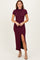 Burgundy Mock Neck Front Slit Short Sleeve Maxi Dress