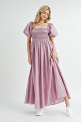Mauve Puff Sleeve Smocked Maternity Maxi Dress