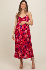 Red Sleeveless Front Twist Back Smocking Maternity Midi Dress