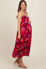 Red Sleeveless Front Twist Back Smocking Maternity Midi Dress