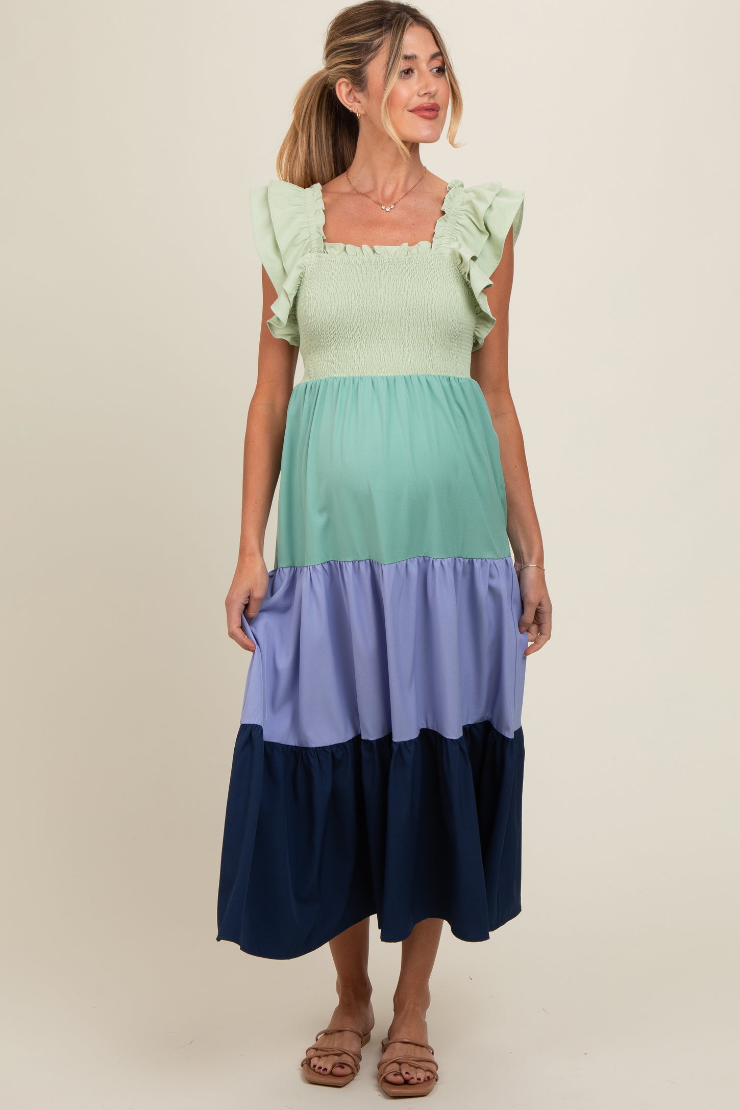 Multi-Color Smocked Tiered Flutter Sleeve Maternity Maxi Dress