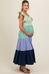 Multi-Color Smocked Tiered Flutter Sleeve Maternity Maxi Dress