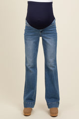 maternity wear blue flared jeans with a navy over-the-bump panel